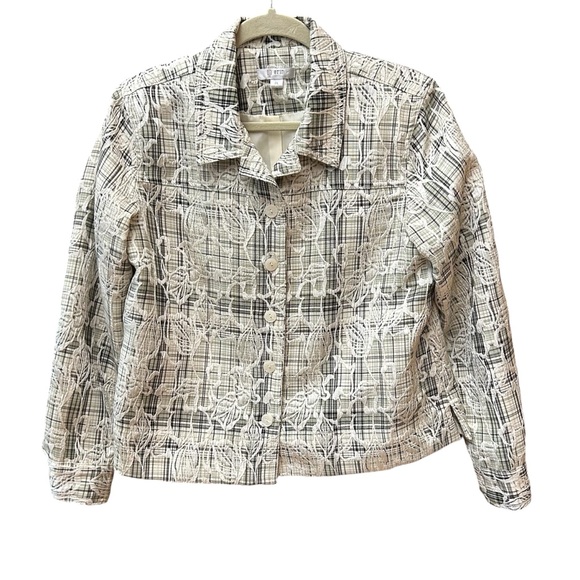 Women’s Jacket Blazer Cropped Textured Plaid Button Front Green White Black PL - Picture 1 of 10